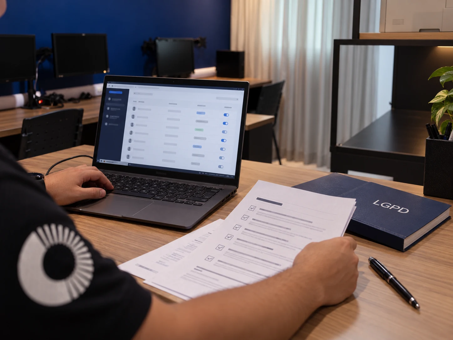 Cena ilustrativa de revisão de permissões e documentos LGPD em uma mesa inspirada no ambiente de trabalho da LOAD