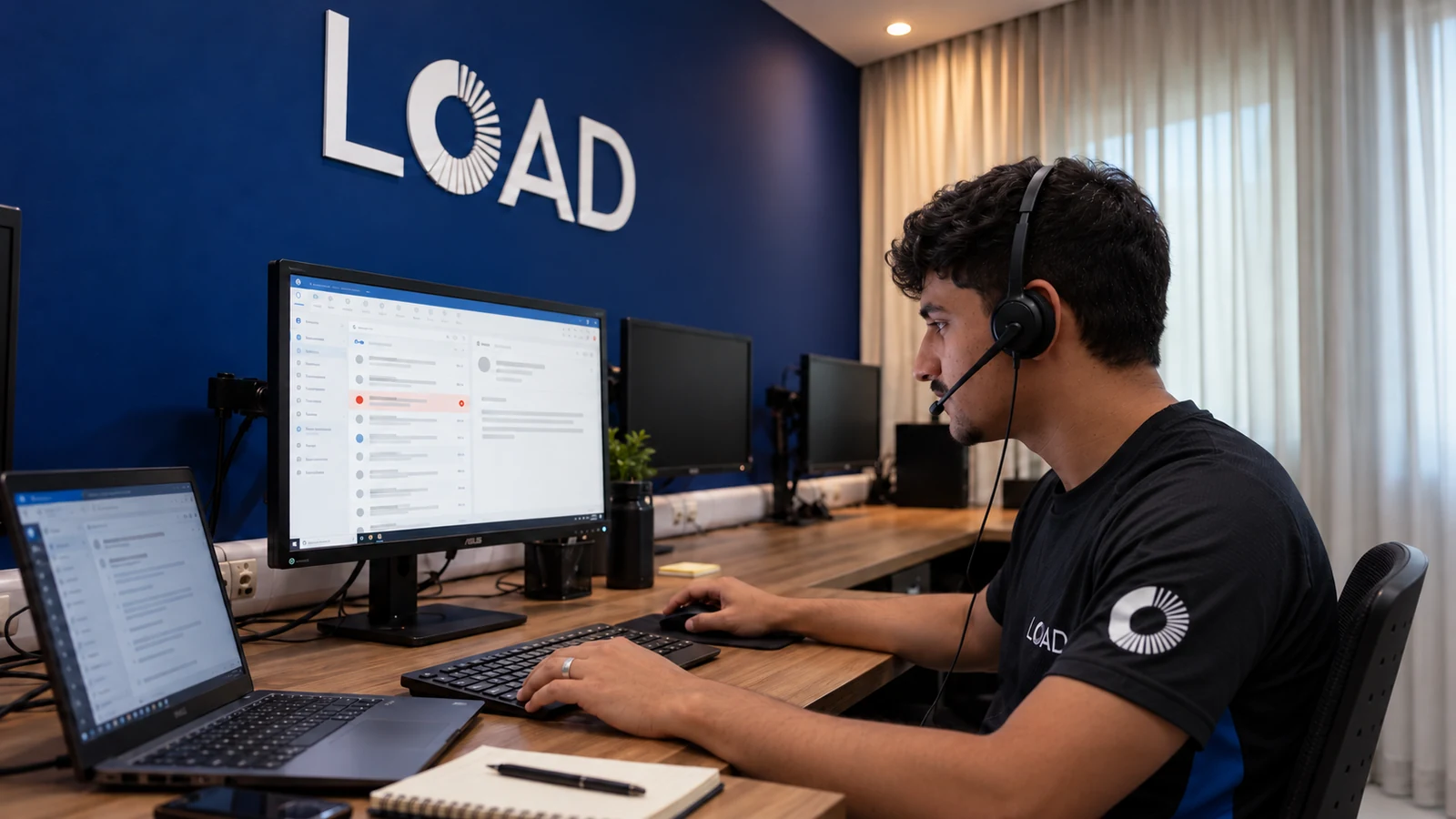 Cena ilustrativa de profissional da LOAD analisando mensagens de spam e phishing no computador