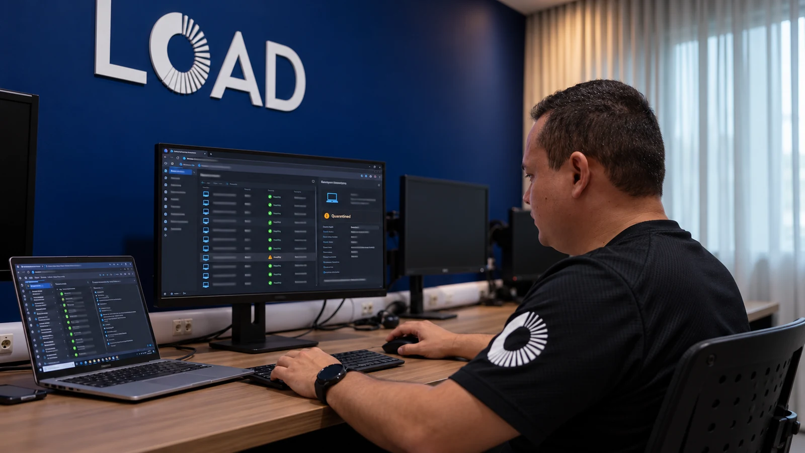 Cena ilustrativa de analista LOAD acompanhando a proteção de estações e servidores, detecção de ameaças e quarentena.