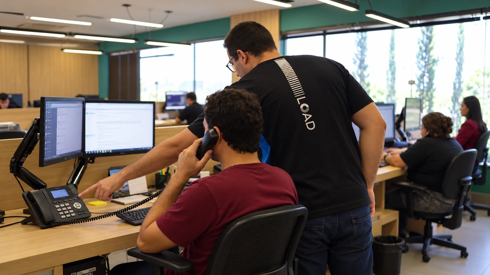 Cena ilustrativa de técnico LOAD orientando um usuário no uso de telefone IP dentro de uma empresa cliente
